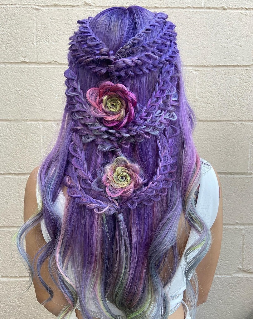braided half updo with pastel purple hair